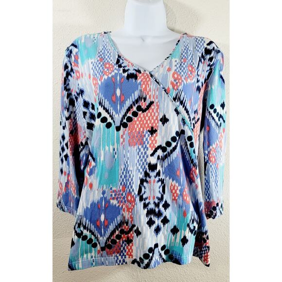 Ruby Rd. Blue White Orange Abstract Print V Neck Top Large Lightweight Soft - Picture 1 of 6